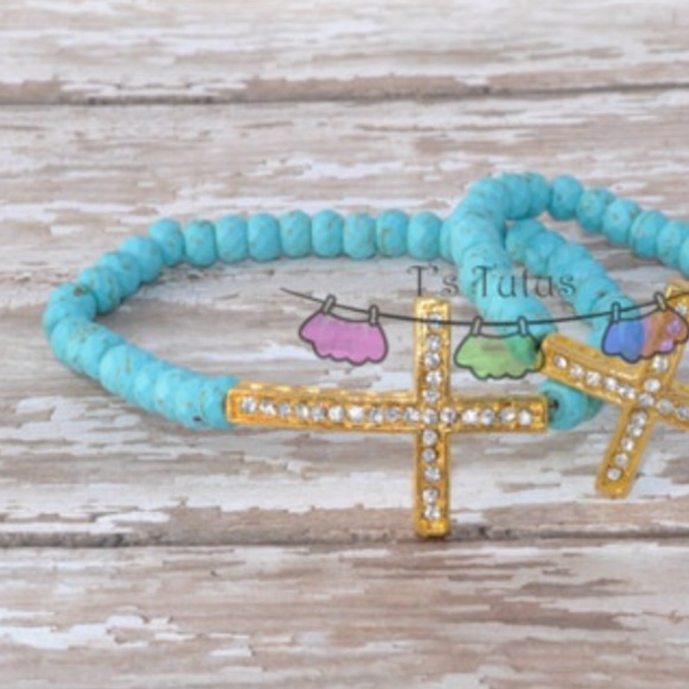 Turquoise Gold Rhinestone Cross Stone Beaded Stretch Bracelet